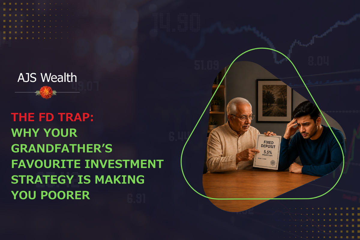 A promotional AJS Wealth graphic featuring the headline “The FD Trap: Why Your Grandfather’s Investment Strategy Is Making You Poorer” alongside an image of a financial advisor discussing investments with a client. The design includes a dark background with financial chart elements and modern branding.