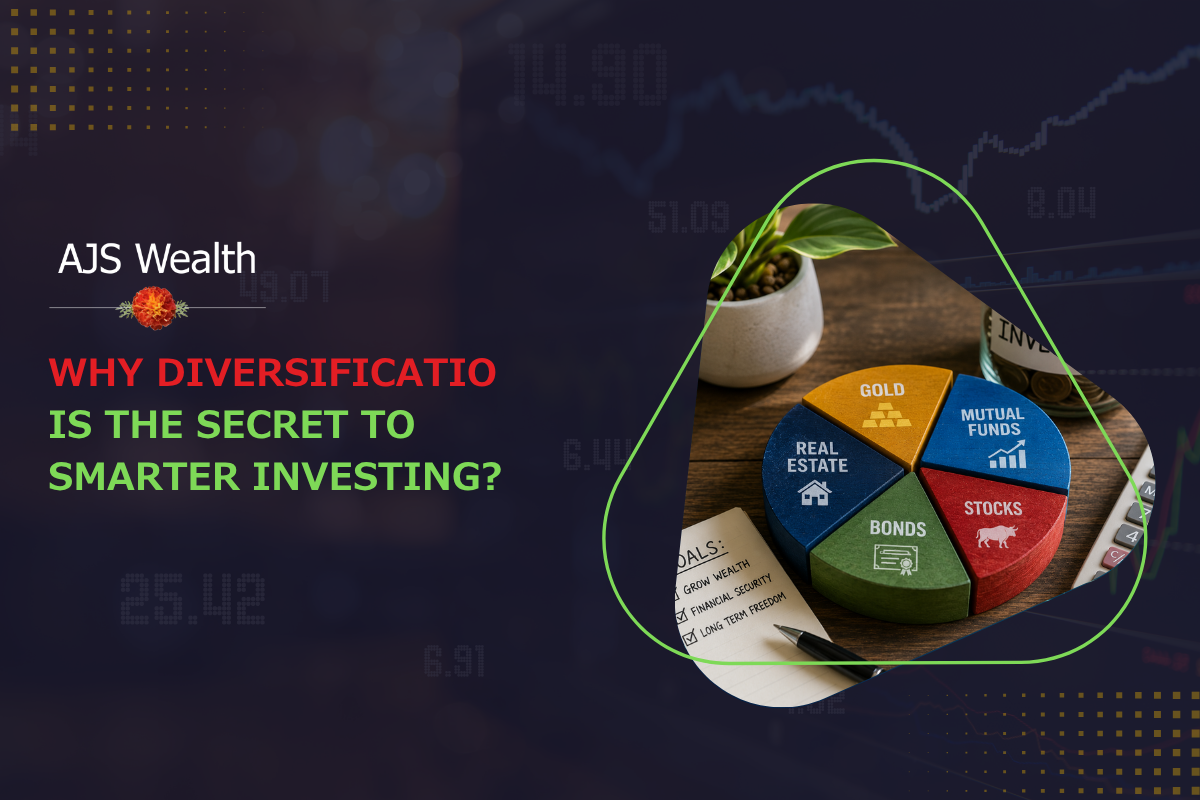 Illustration of a diversified investment portfolio with financial planning icons, plant growth concept, and the text 'Why Diversification Is the Secret to Smarter Investing' by AJS Wealth